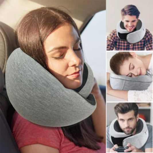 Memory foam travel neck pillow in gray used by man and woman for comfortable support during travel