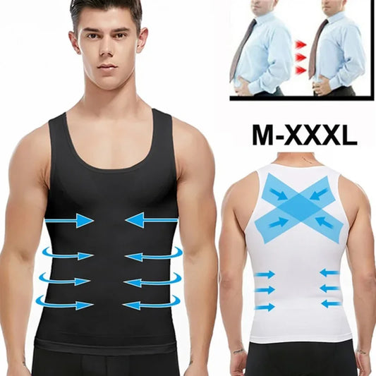 Mens slimming compression shirt in black and white showing body shaping arrows and before after effect