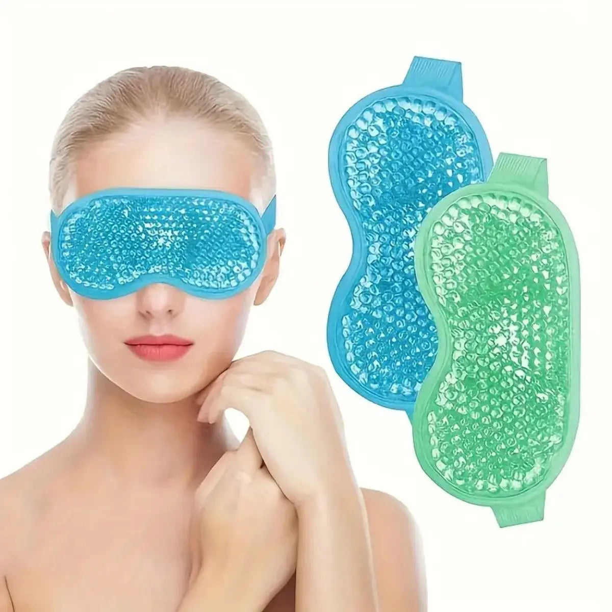 Gel eye mask for hot and cold therapy in blue and green with a woman wearing the blue mask