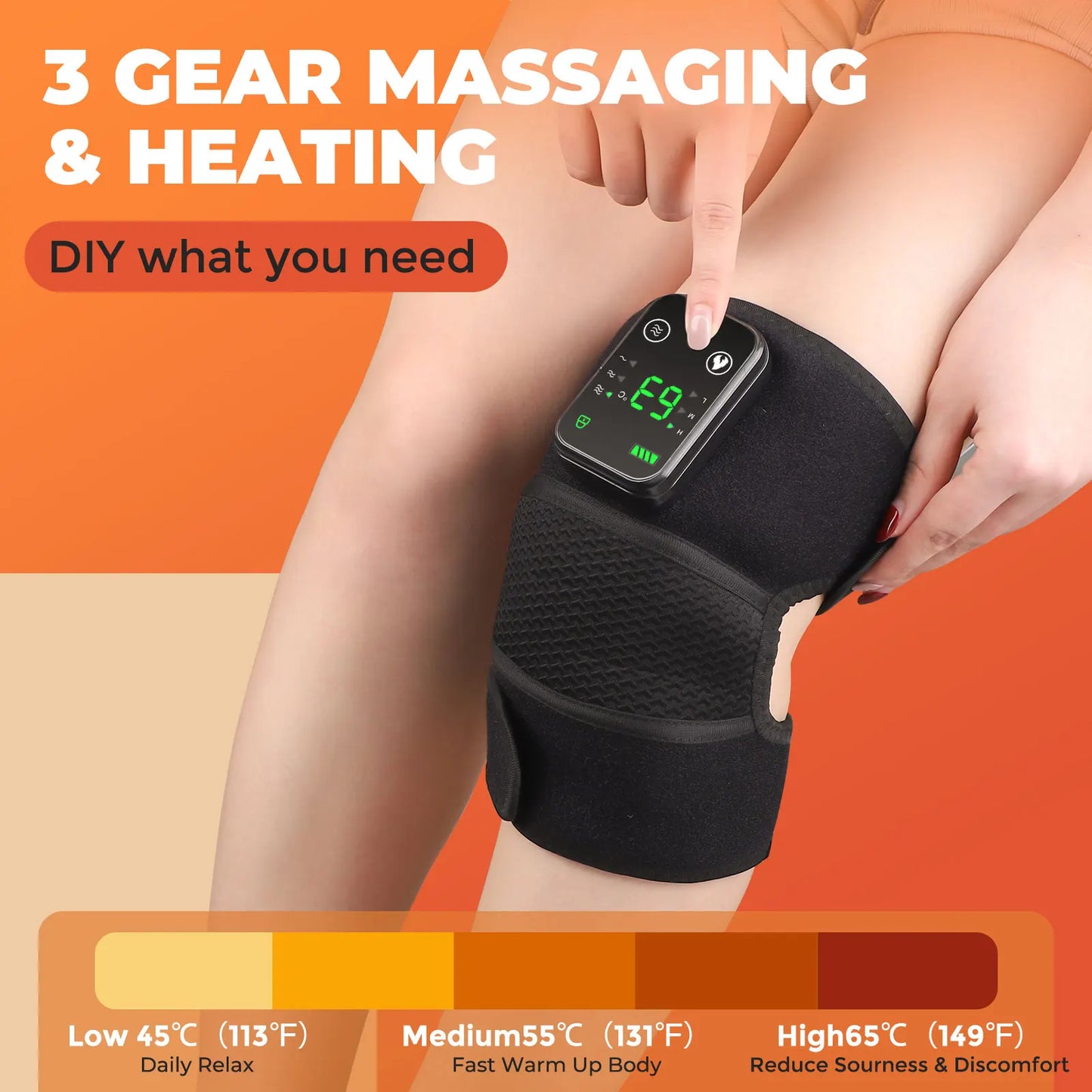 Heated knee massager for pain relief with 3 gear massaging and heating settings shown on a black knee wrap