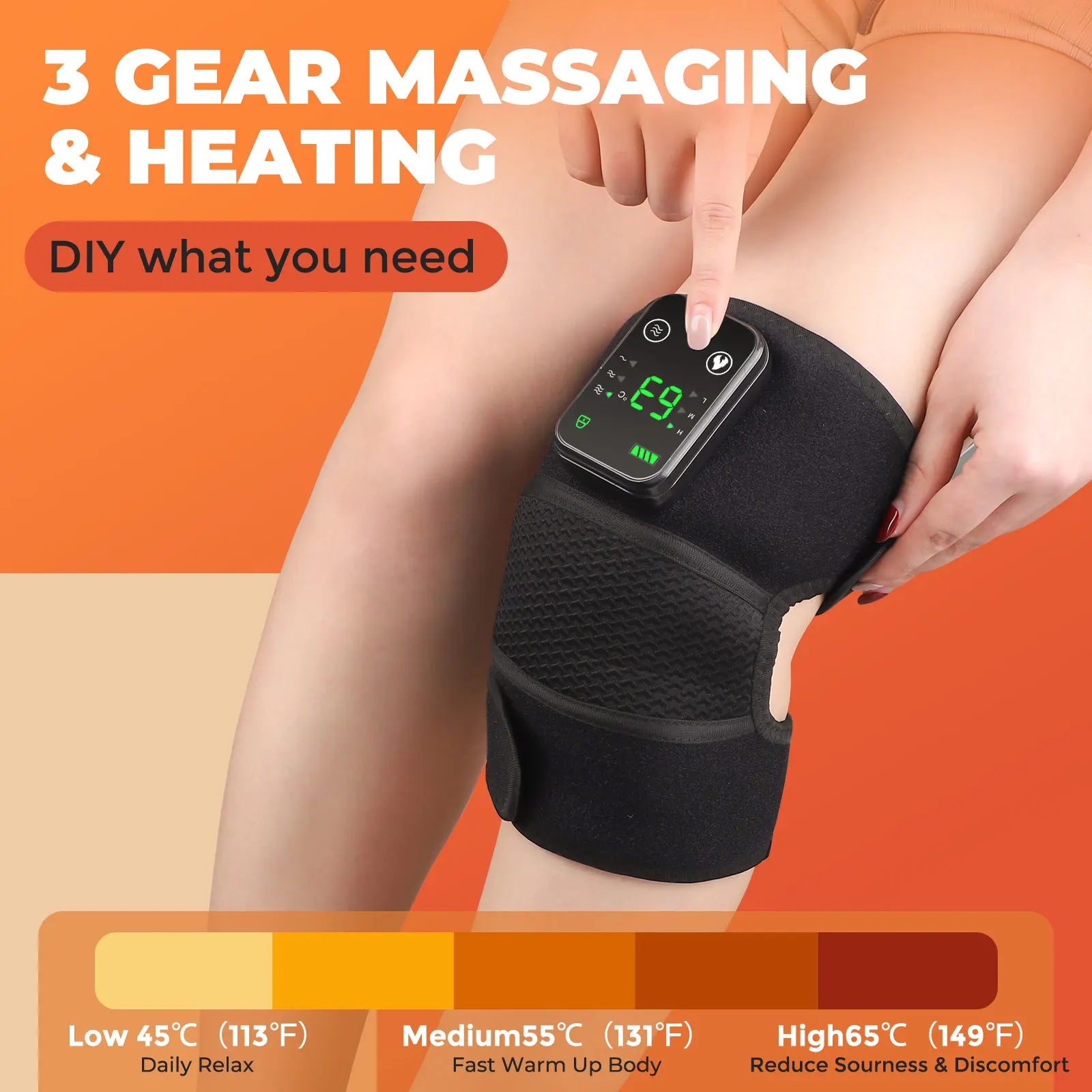 Heated knee massager for pain relief with 3 gear massaging and heating settings shown on a black knee wrap
