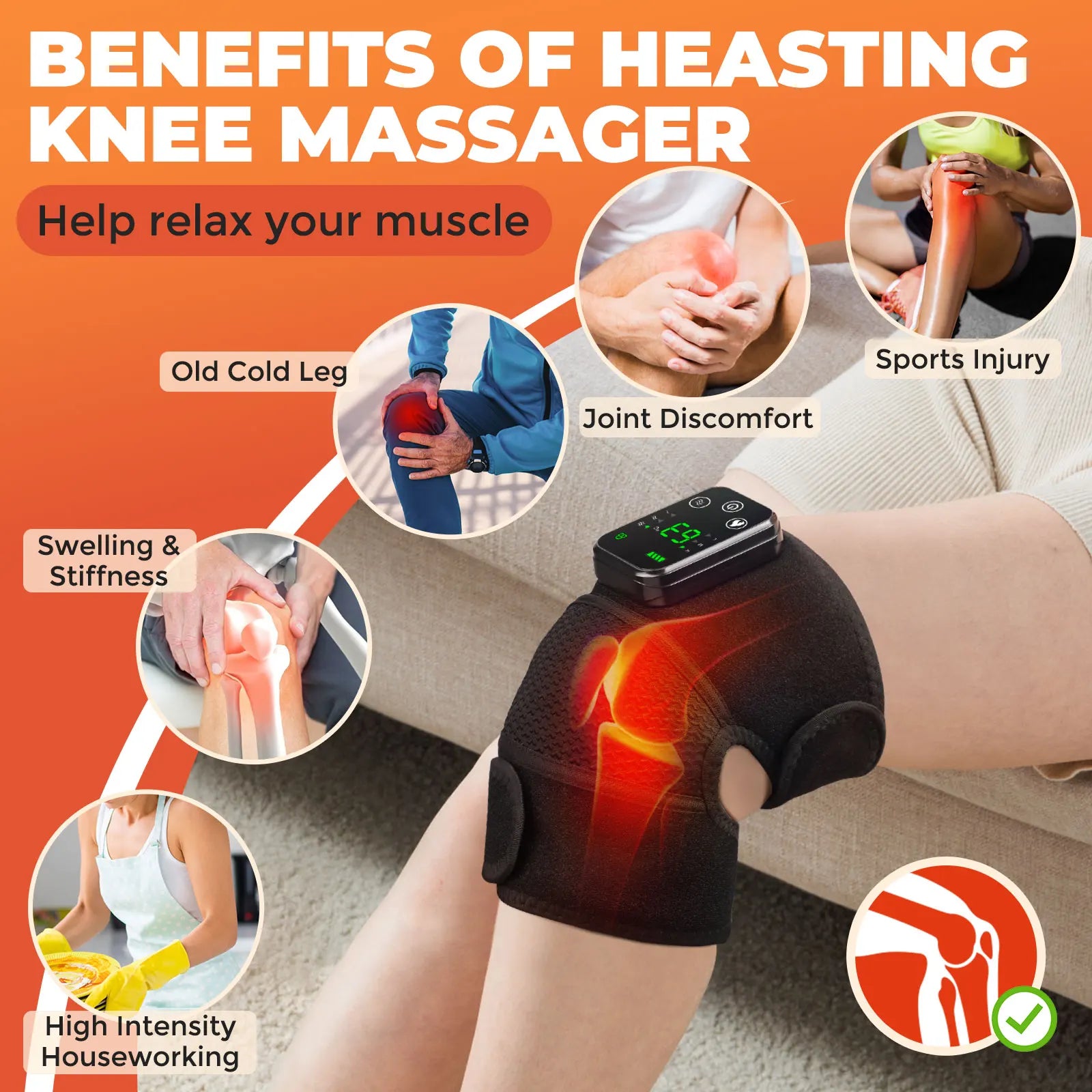Heated knee massager for pain relief worn on a knee highlighting benefits for muscle relaxation and injury recovery