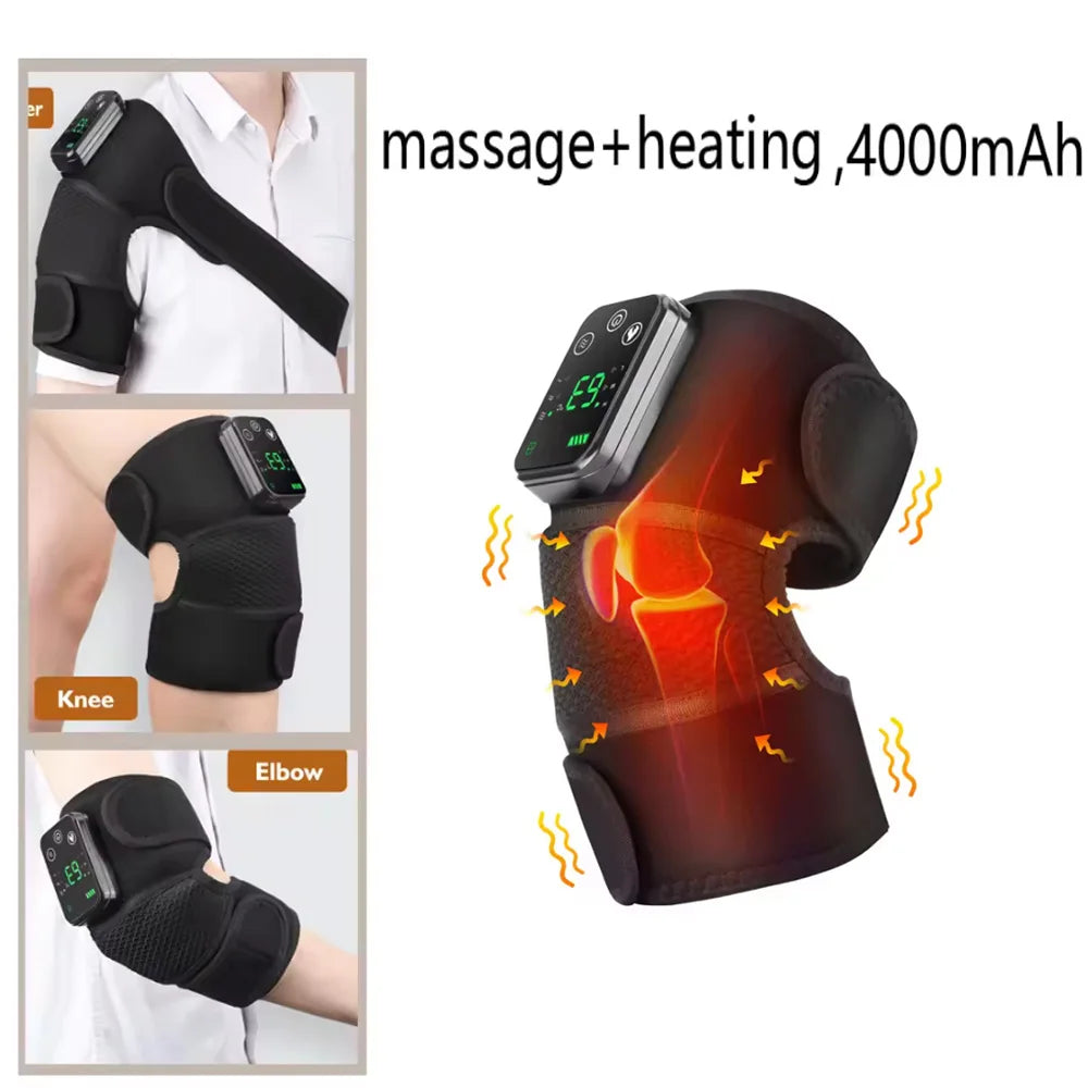 Heated knee massager for pain relief with adjustable straps and digital control display