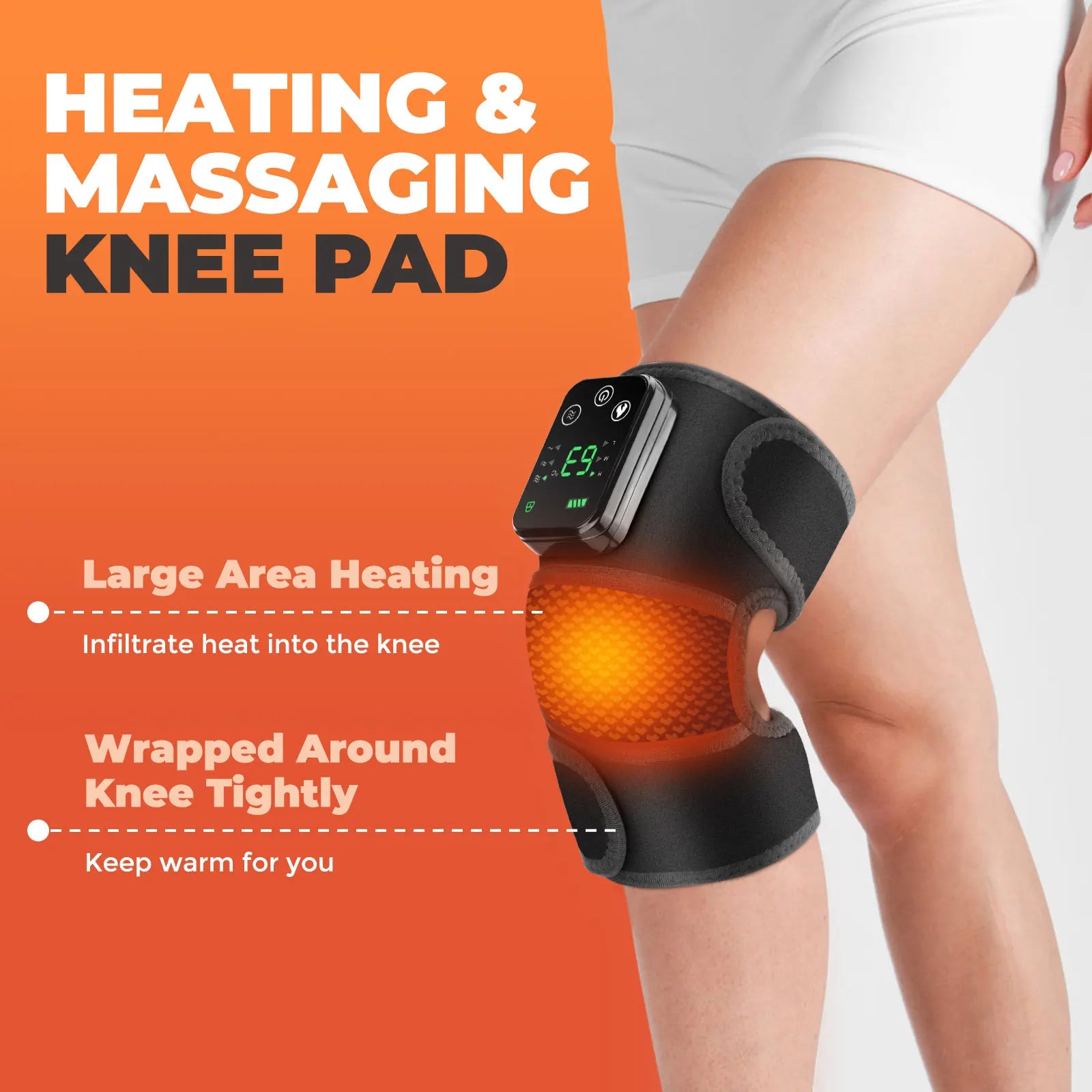 Heated knee massager for pain relief with large area heating and secure wraparound design