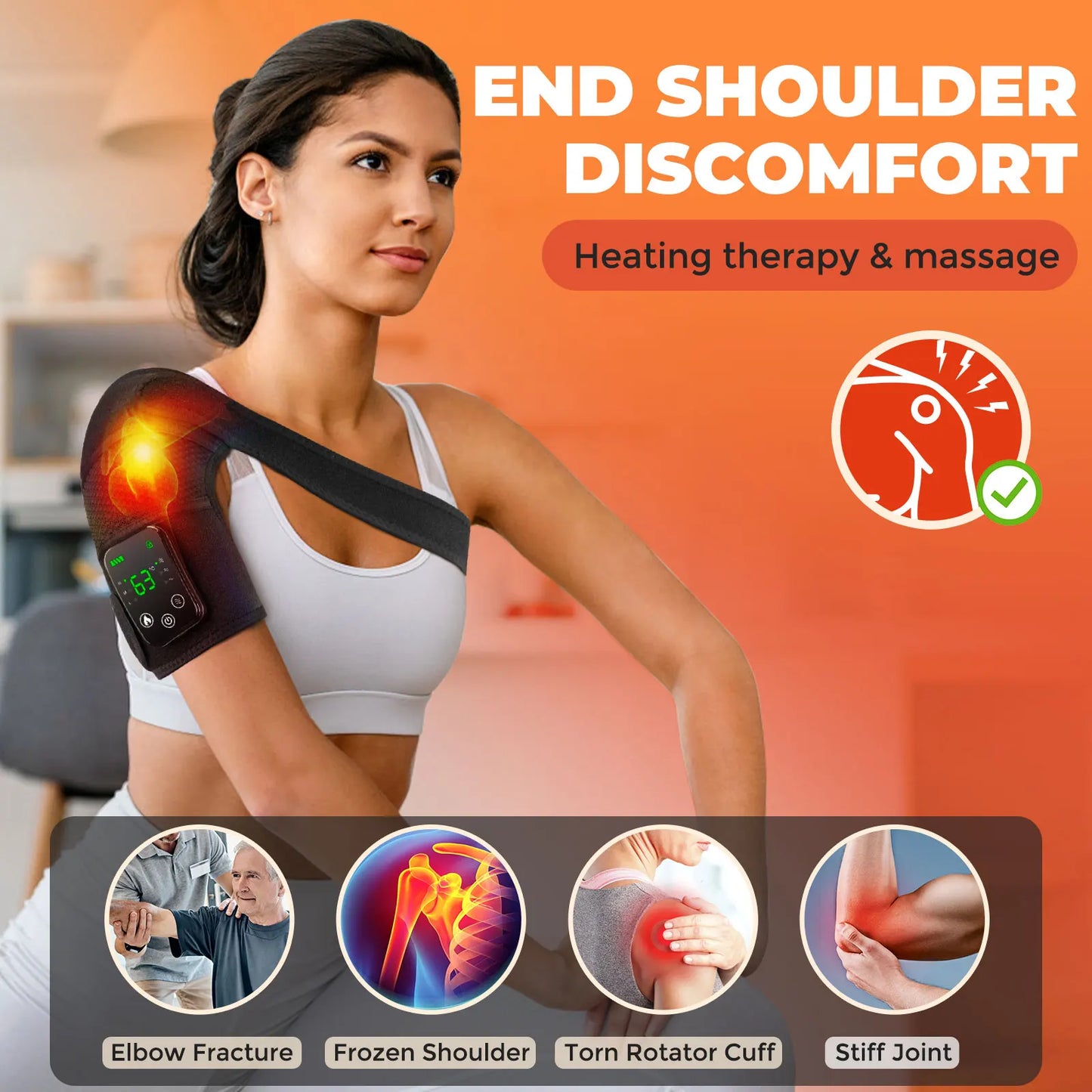 Woman using heated knee massager for pain relief on shoulder with heating therapy and massage for discomfort