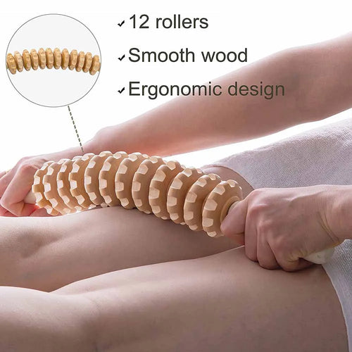 Wood massage roller stick for lymphatic drainage with 12 smooth wooden rollers and ergonomic design