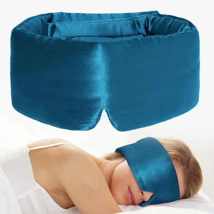 Blue mulberry silk sleep mask by Zorelie.co shown worn by woman and close-up view
