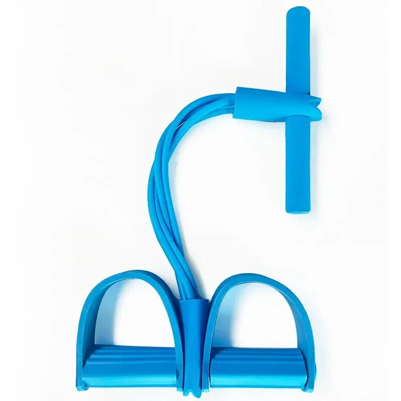 Blue multi-function resistance band for exercise with foam handles and foot pedals for full body workouts