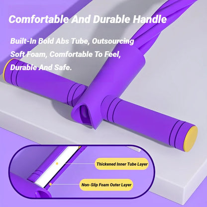 Purple multi-function resistance band for exercise with comfortable soft foam handles and thickened inner tube layer