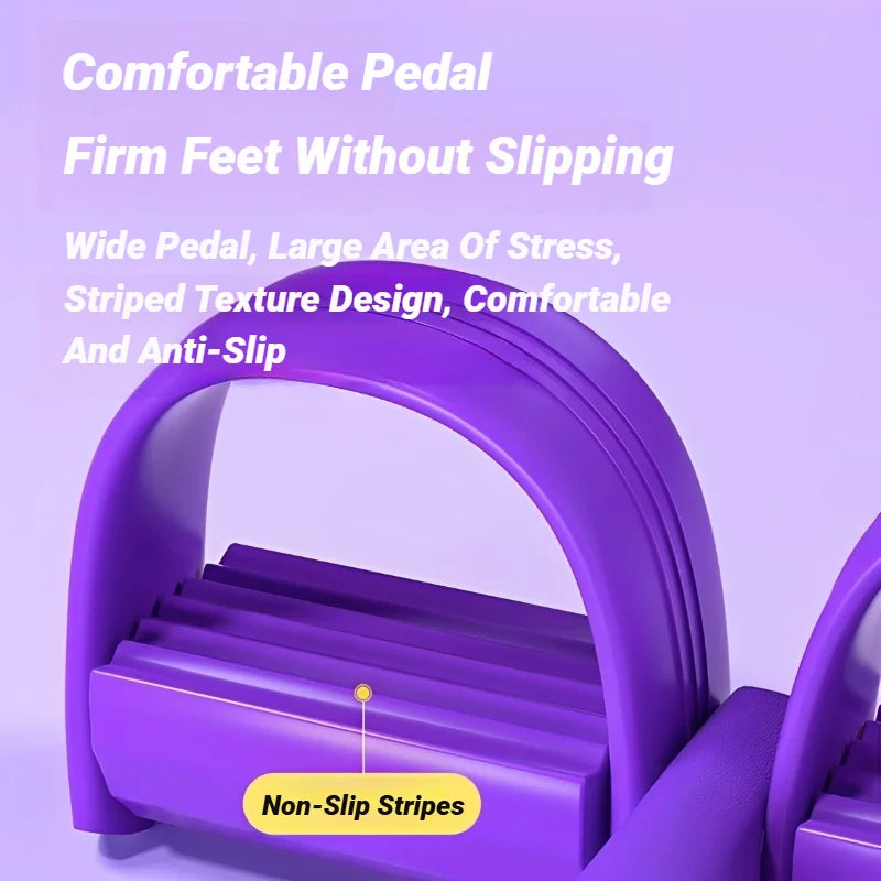 Purple multi-function resistance band for exercise with wide comfortable non-slip pedal and striped texture design