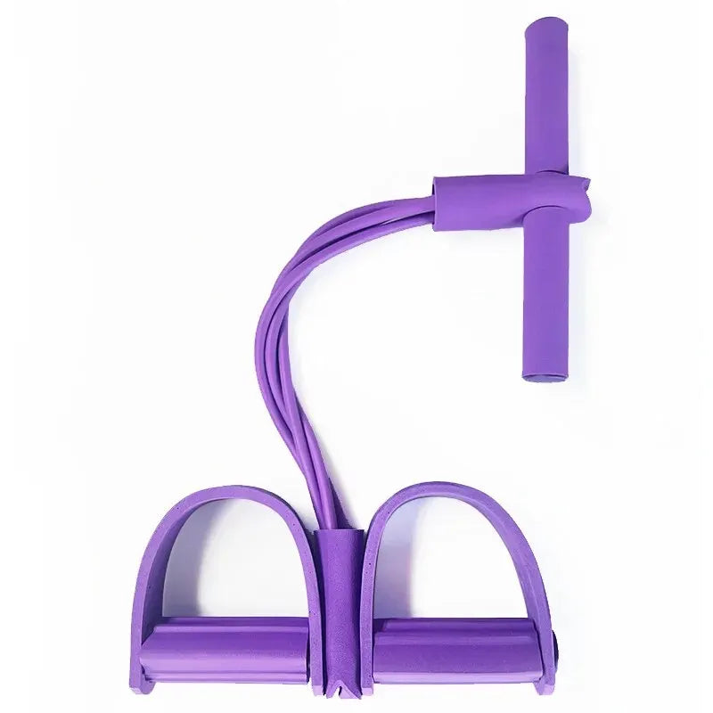 Purple multi-function resistance band for exercise with dual foot pedals and foam handles