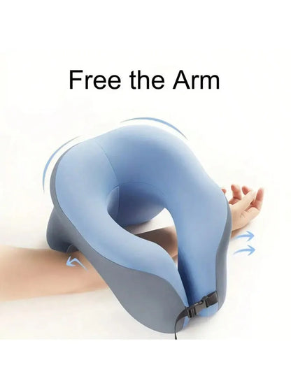 Blue multi-functional U-shaped travel pillow designed to free the arm with ergonomic support