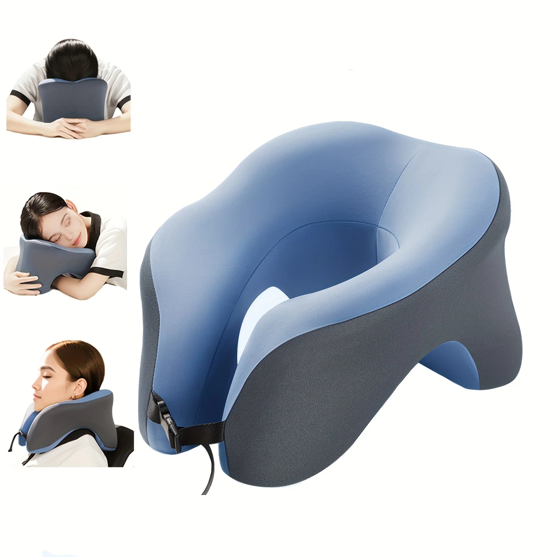 Zorelie.co multi-functional U-shaped travel pillow in blue and gray with adjustable strap for neck support