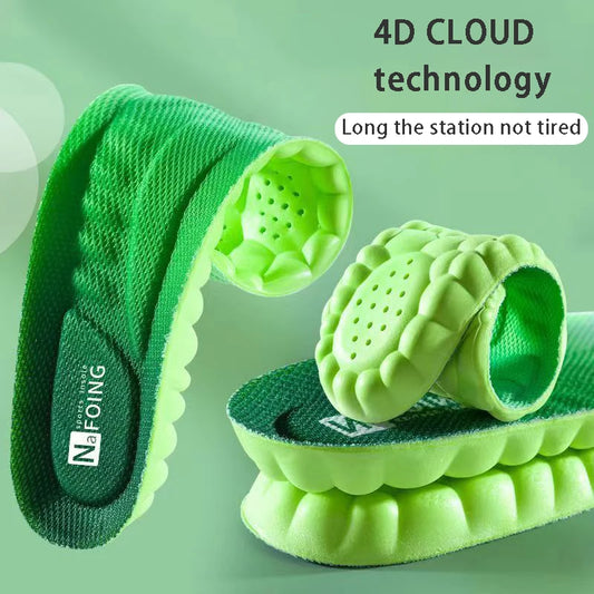 Green orthopedic sport insoles for foot pain featuring 4D cloud technology for long-lasting comfort