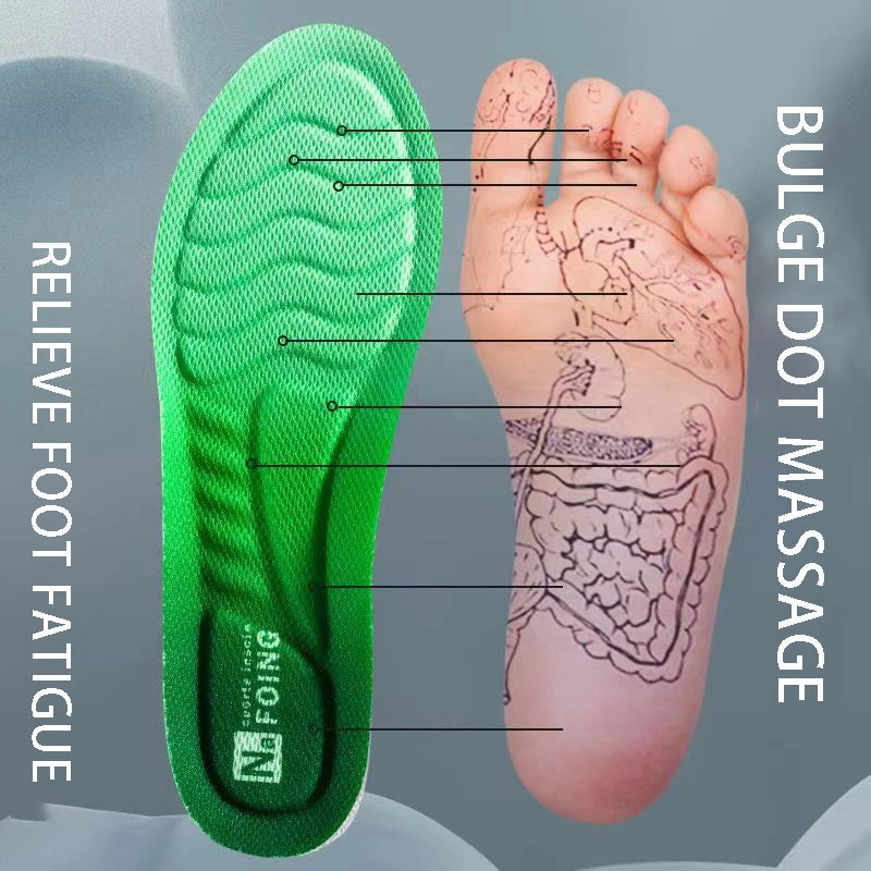 Green orthopedic sport insoles for foot pain with bulge dot massage designed to relieve foot fatigue