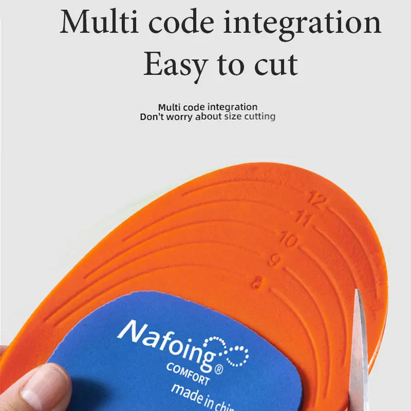 Orange orthotic arch support insoles with easy-to-cut multi code integration for custom sizing