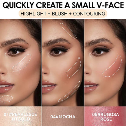 Demonstration of cream blush stick for face and lips in shades Pearl Scent Gold, Mocha, and Rugosa Rose applied for contouring and highlighting