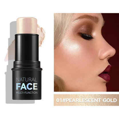 Zorelie.co cream blush stick for face and lips in pearlescent gold shade with model showcasing glow