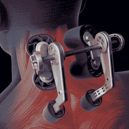 Close-up of neck and shoulder massager for pain relief applied to the back of the neck