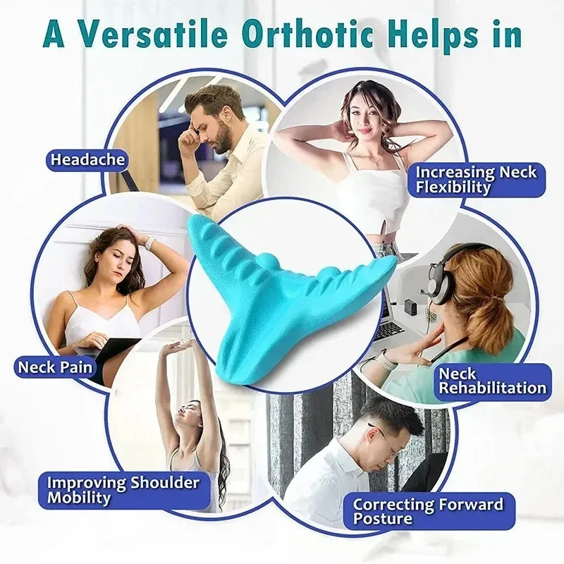 Zorelie.co neck and shoulder relaxer pillow shown with benefits including headache relief and improving shoulder mobility