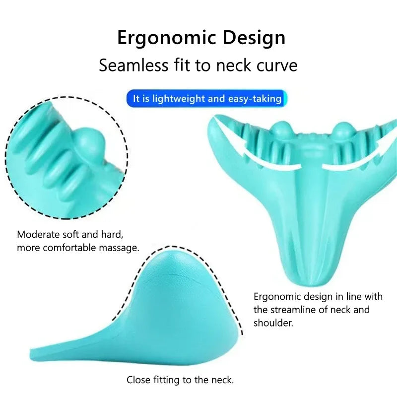 Ergonomic neck and shoulder relaxer pillow in blue with seamless fit to neck curve for comfortable massage