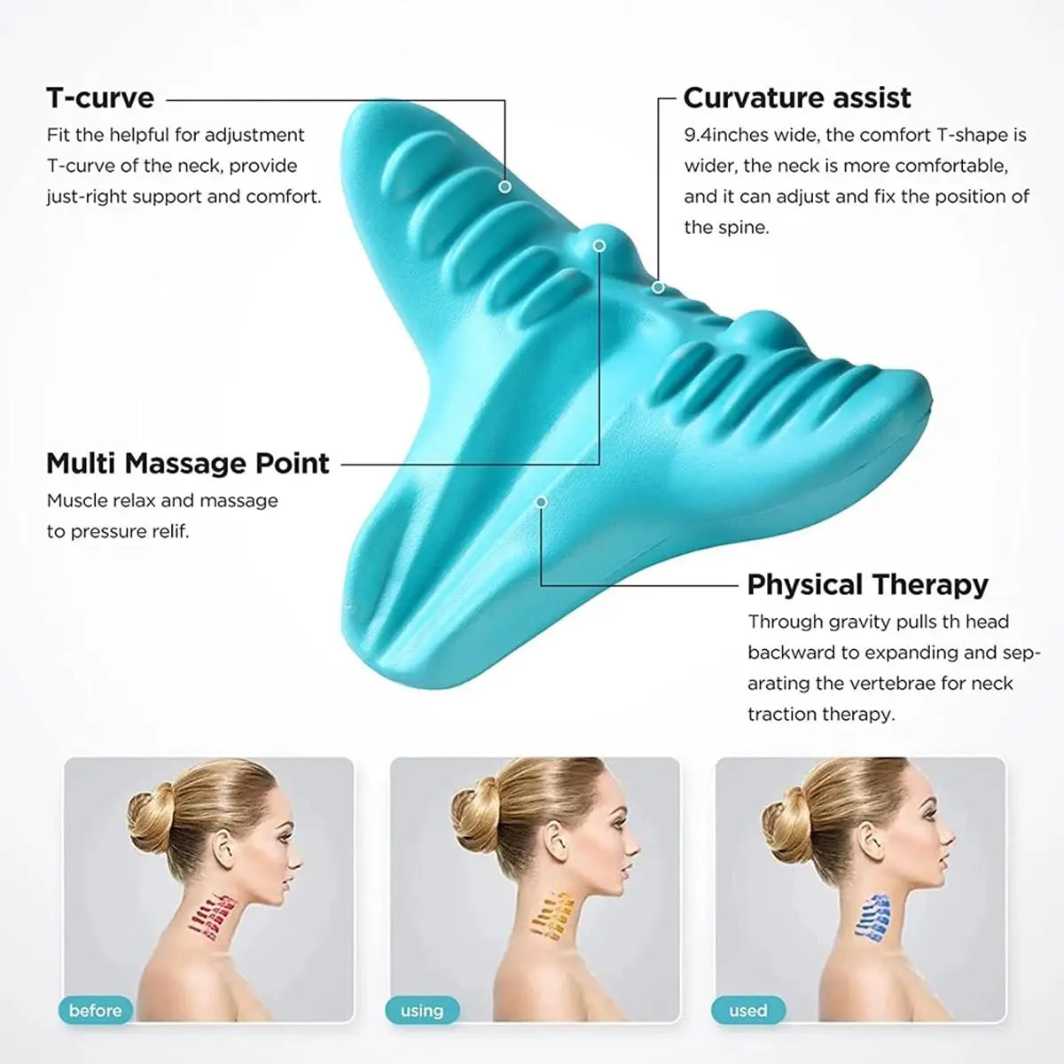 Blue neck and shoulder relaxer pillow with T-curve design and multiple massage points for neck and spine support