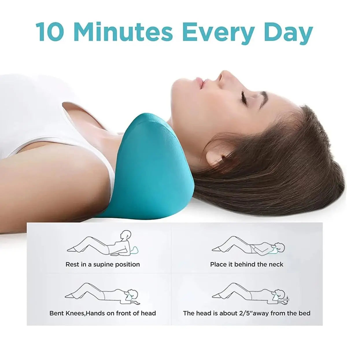 Woman using neck and shoulder relaxer pillow in supine position for daily neck support