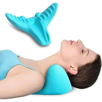 Woman using blue neck and shoulder relaxer pillow for neck support and pain relief