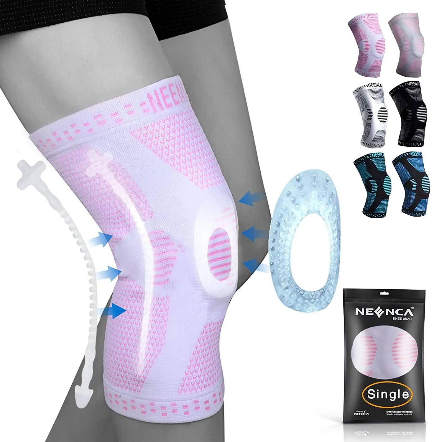 Copper knee brace for pain relief in pink with support rings and breathable design shown on a bent knee