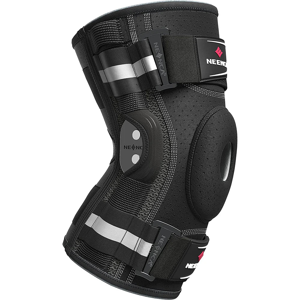 Black hinged knee brace for pain relief with adjustable straps and breathable fabric support
