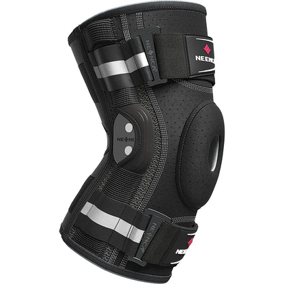 Black hinged knee brace for pain relief with adjustable straps and breathable fabric support