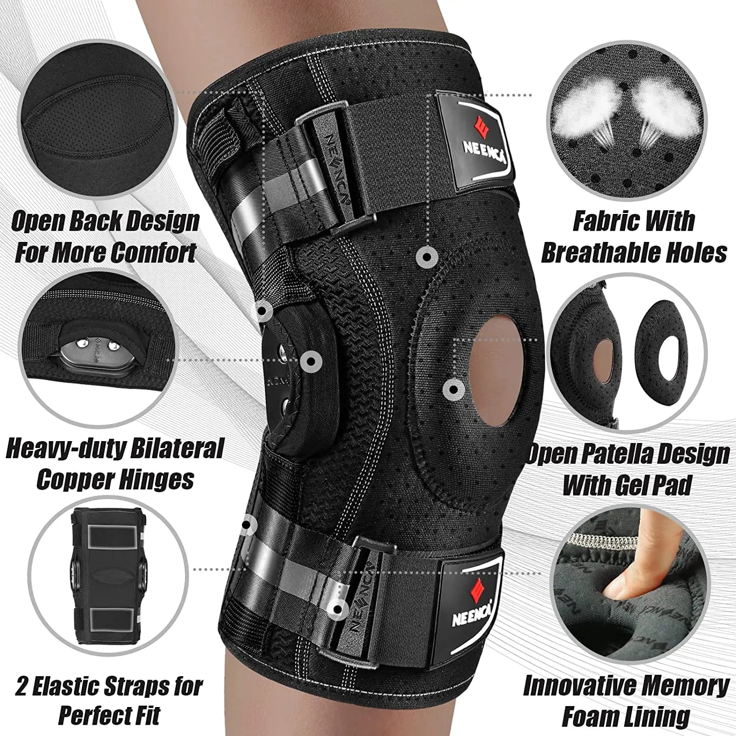 Black hinged knee brace for pain relief with breathable fabric, open back design, and heavy-duty copper hinges