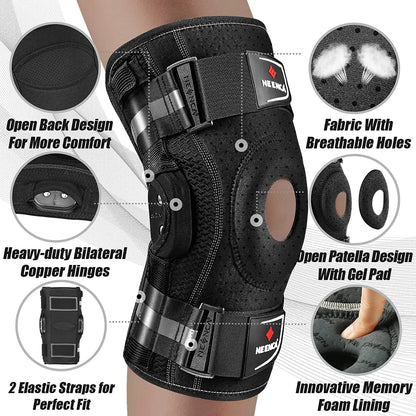 Black hinged knee brace for pain relief with breathable fabric, open back design, and heavy-duty copper hinges