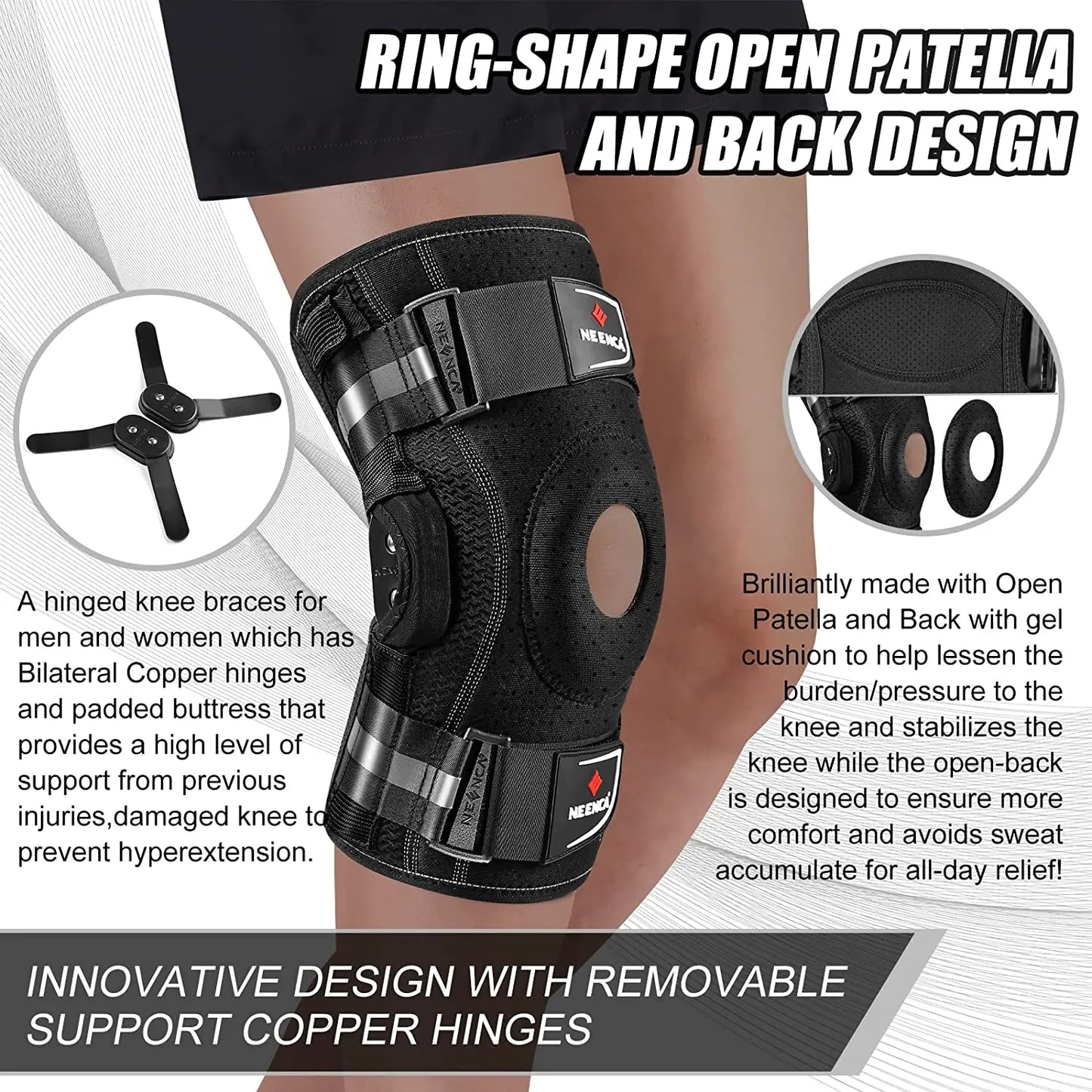 Zorelie.co hinged knee brace for pain relief with ring-shape open patella and copper hinges