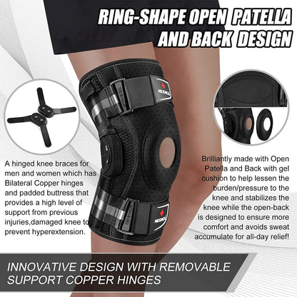 Zorelie.co hinged knee brace for pain relief with ring-shape open patella and copper hinges
