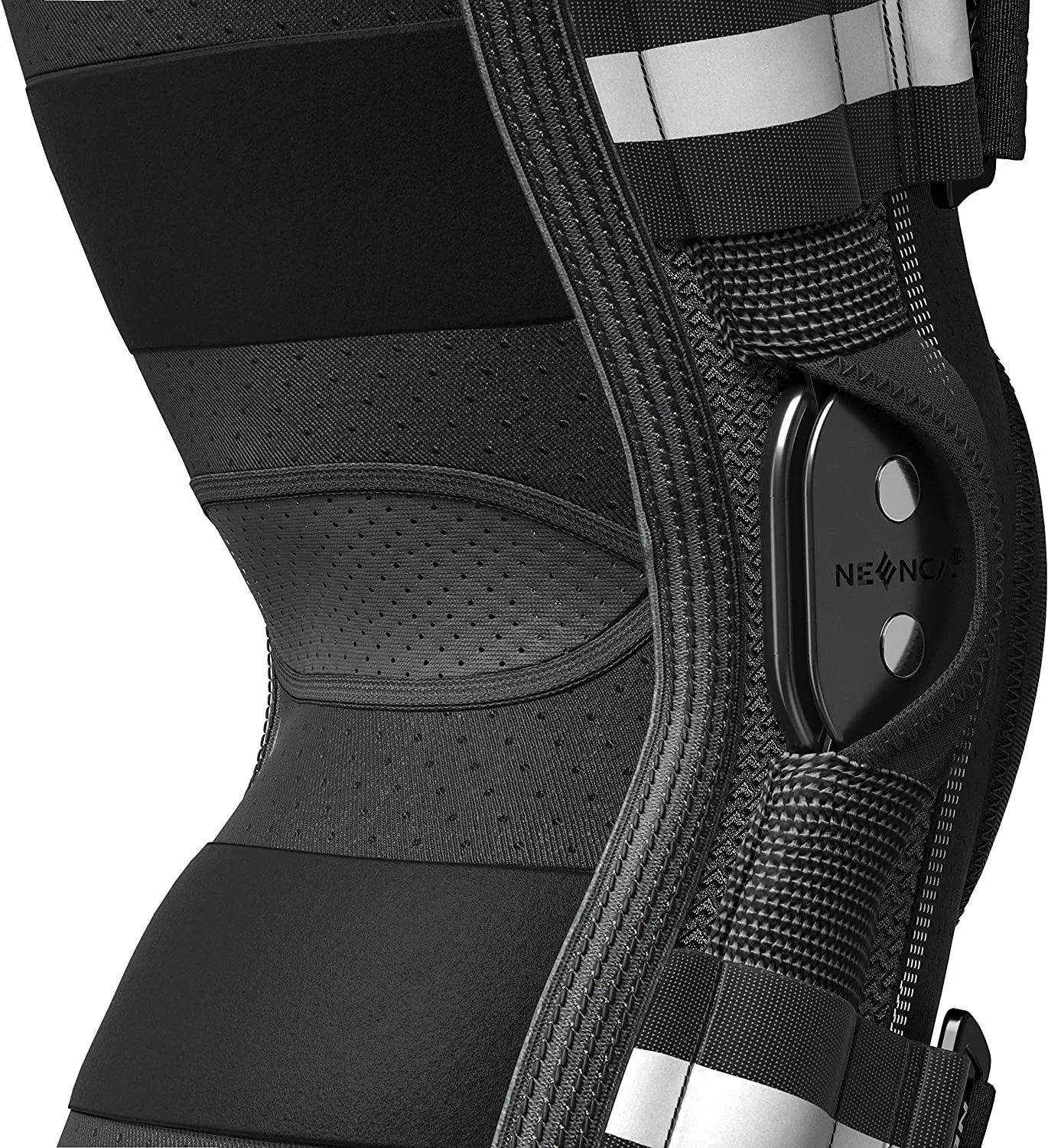 Close-up of black hinged knee brace for pain relief with adjustable straps and breathable fabric