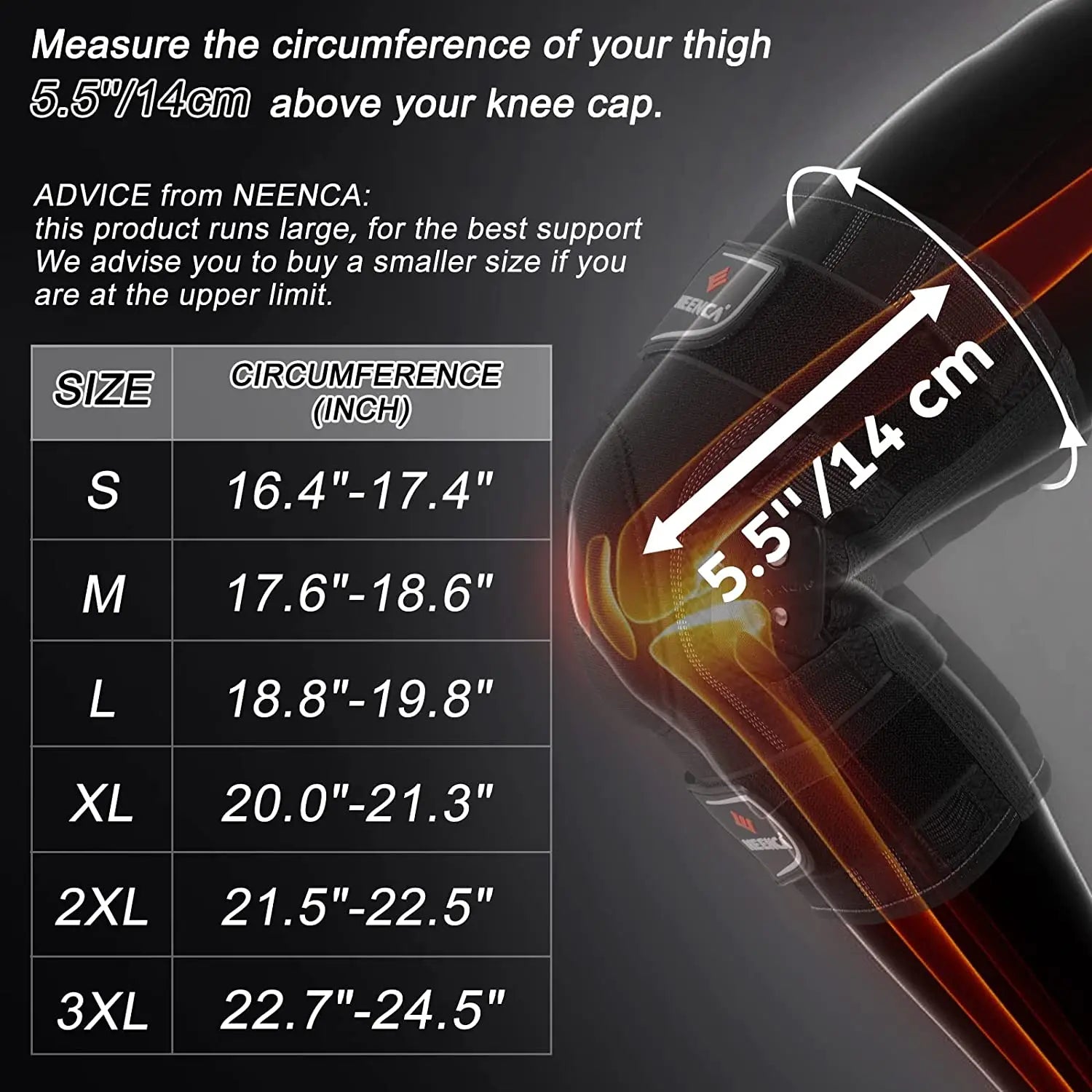 Hinged knee brace for pain relief with size chart measuring thigh circumference above knee