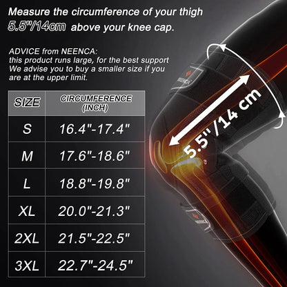 Hinged knee brace for pain relief with size chart measuring thigh circumference above knee