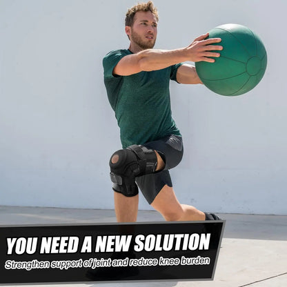 Man wearing a hinged knee brace with side stabilizers exercising with a green medicine ball