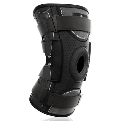 Zorelie.co black hinged knee brace with side stabilizers and adjustable straps for support