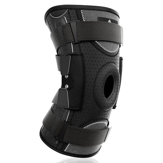 Zorelie.co black hinged knee brace with side stabilizers and adjustable straps for support
