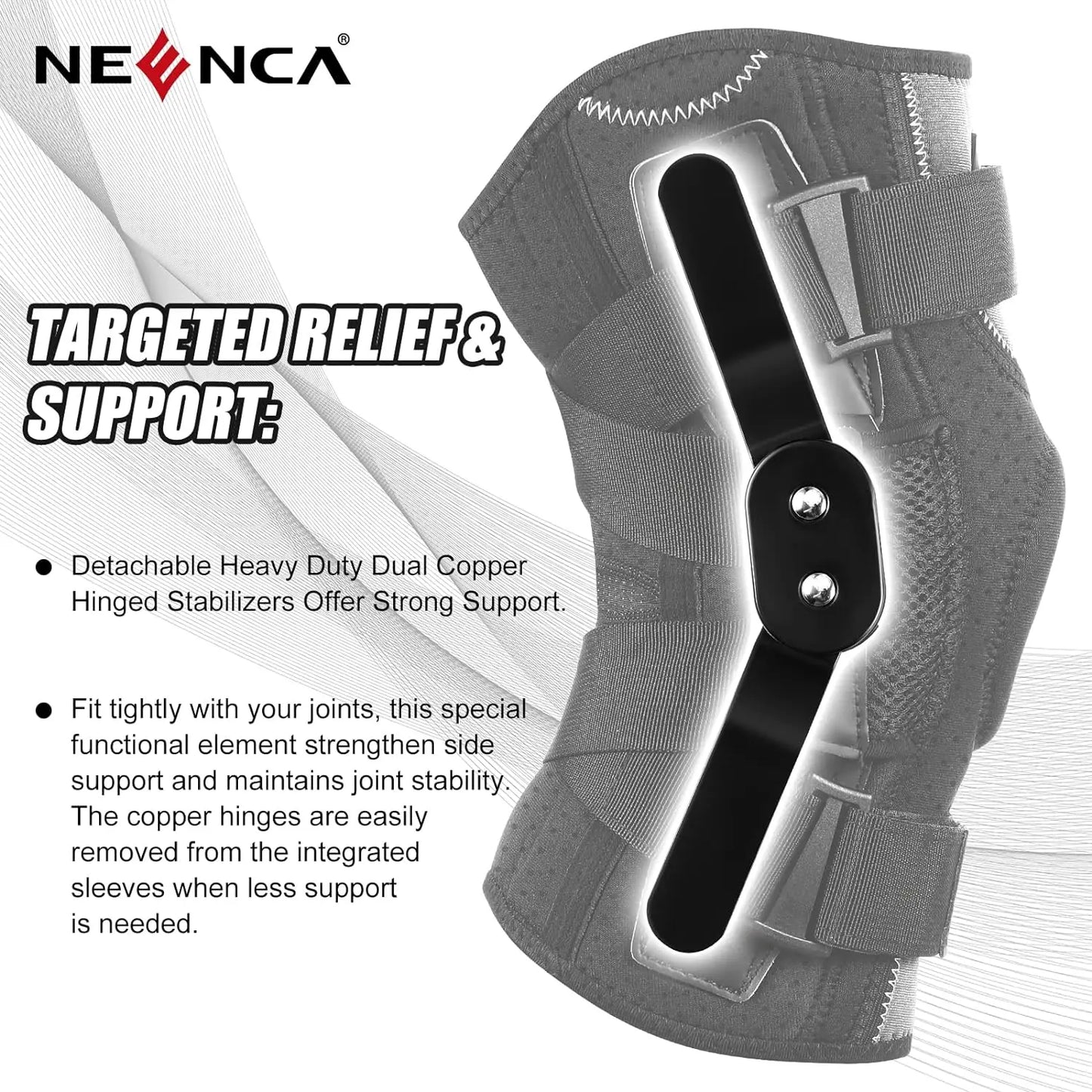 Hinged knee brace with side stabilizers by Zorelie.co featuring detachable heavy duty dual copper hinged stabilizers