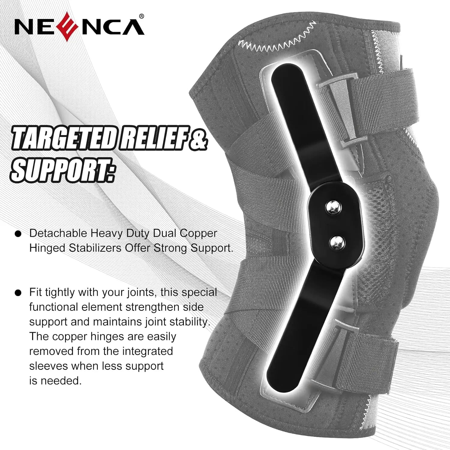 Hinged knee brace with side stabilizers by Zorelie.co featuring detachable heavy duty dual copper hinged stabilizers