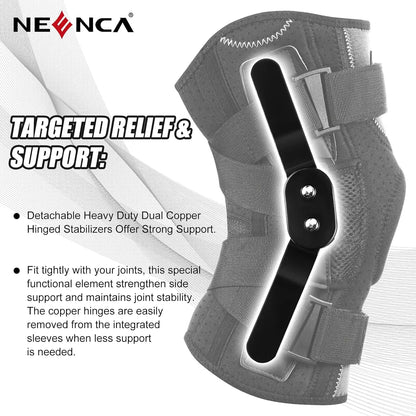 Hinged knee brace with side stabilizers by Zorelie.co featuring detachable heavy duty dual copper hinged stabilizers
