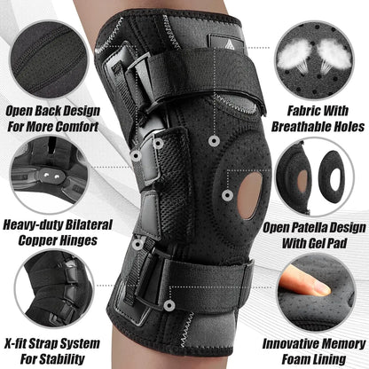 Zorelie.co hinged knee brace with side stabilizers featuring breathable fabric and open patella design