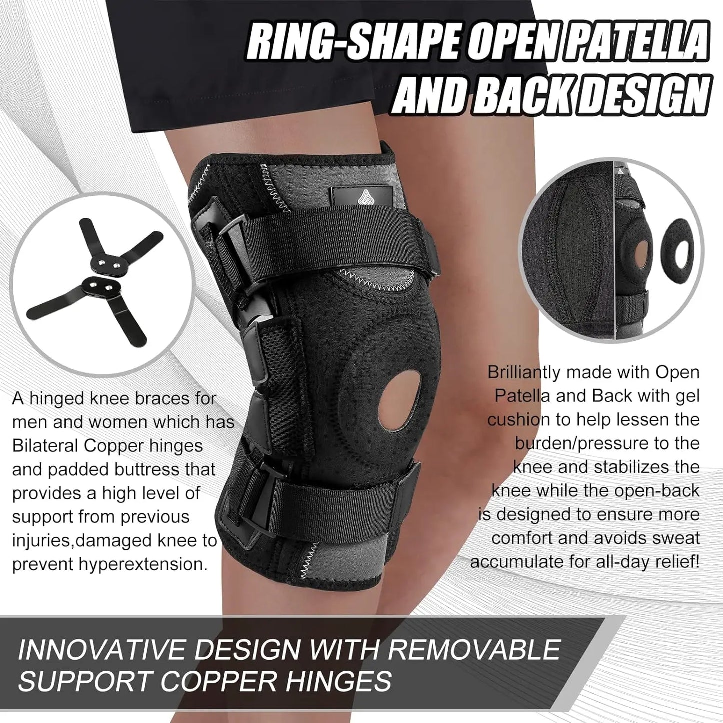 Black hinged knee brace with side stabilizers featuring ring-shape open patella and removable copper hinges