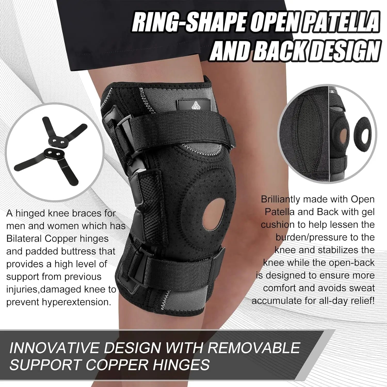 Black hinged knee brace with side stabilizers featuring ring-shape open patella and removable copper hinges