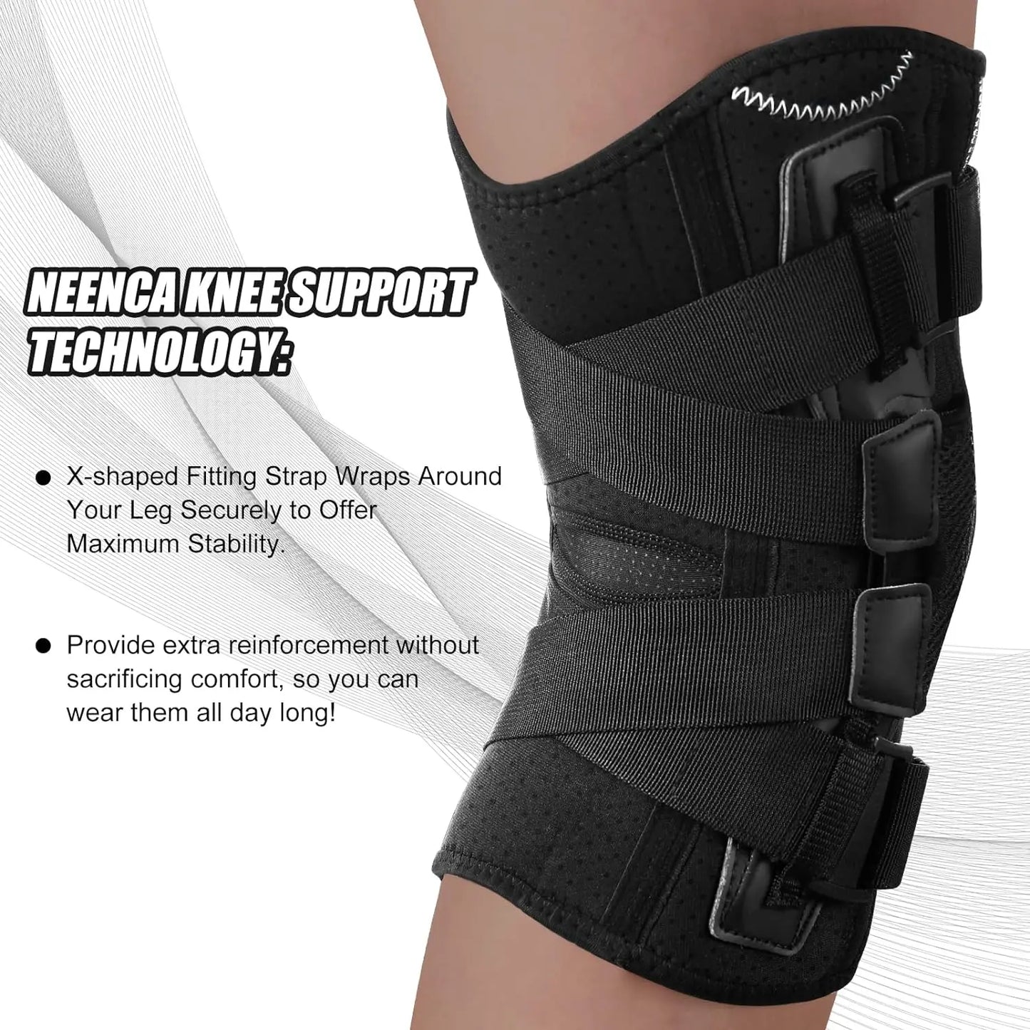 Zorelie.co hinged knee brace with side stabilizers featuring X-shaped fitting strap for maximum stability