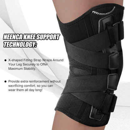 Zorelie.co hinged knee brace with side stabilizers featuring X-shaped fitting strap for maximum stability