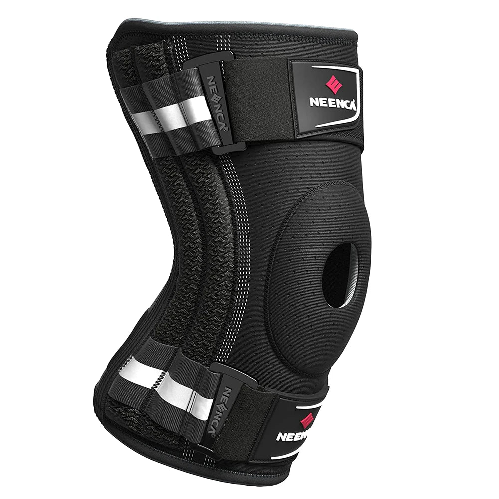 Black NEENCA knee brace for pain relief with adjustable straps and open patella design